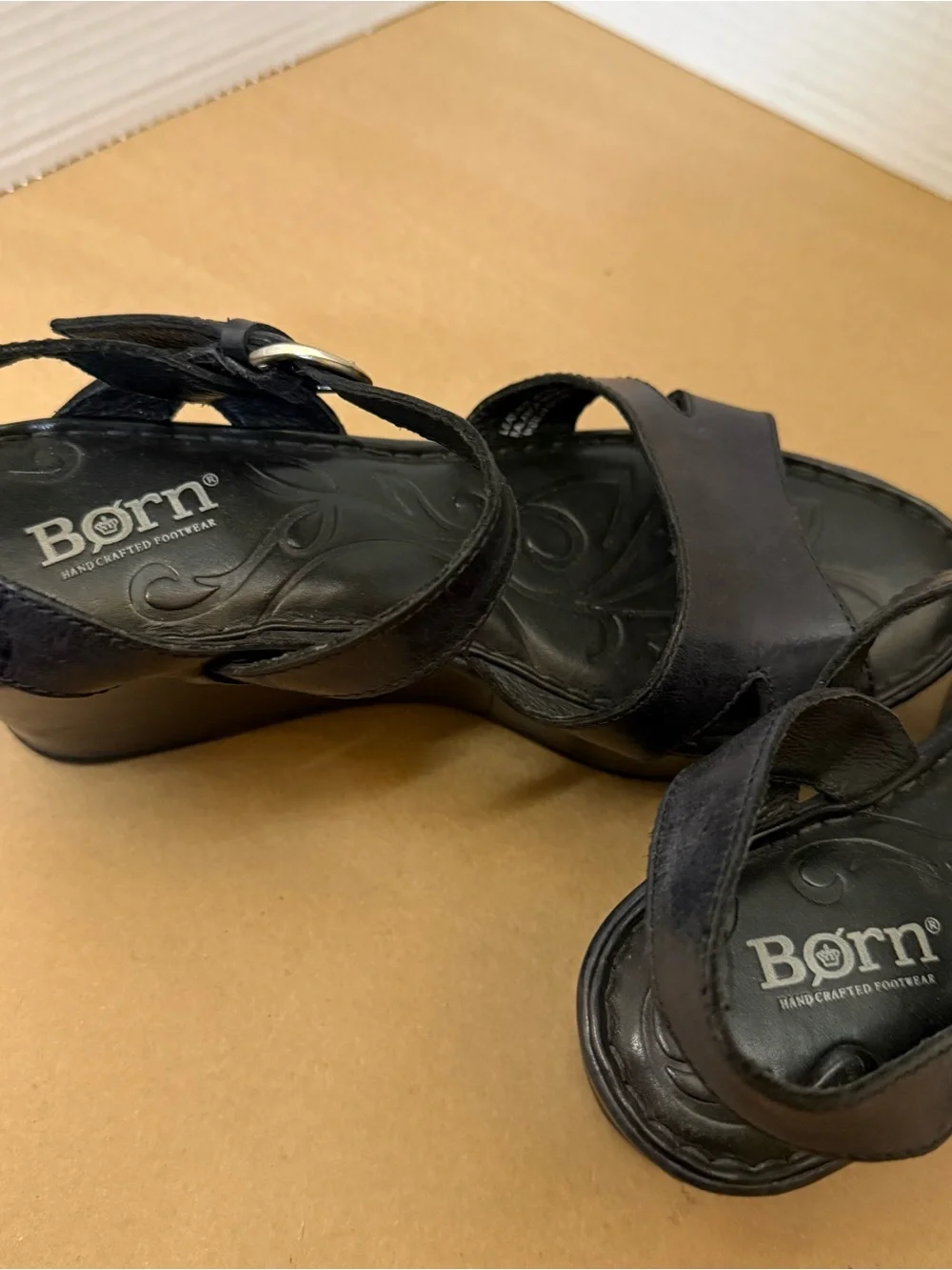 Born Black Leather T-Strap Wedge Sandals